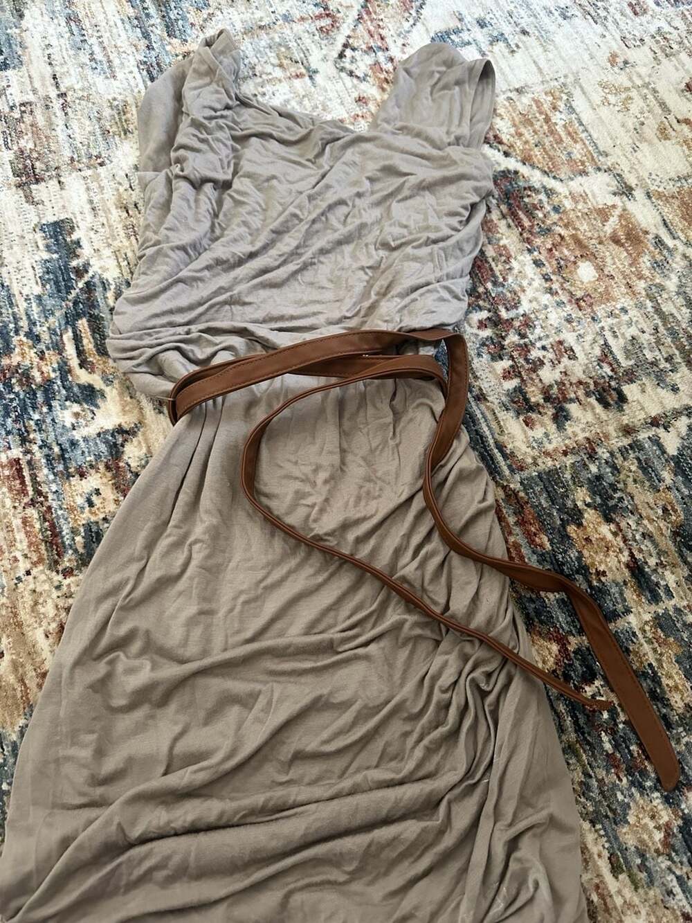 bebe Women's Draped Gray Dress with Brown Belt Size L